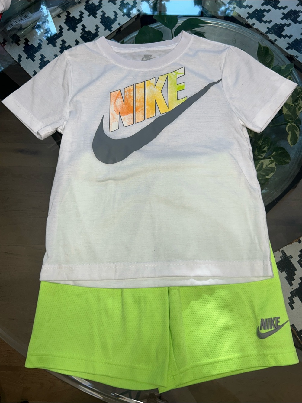 Nike White Tee with Orange-Yellow Gradient Logo and Neon Green Shorts